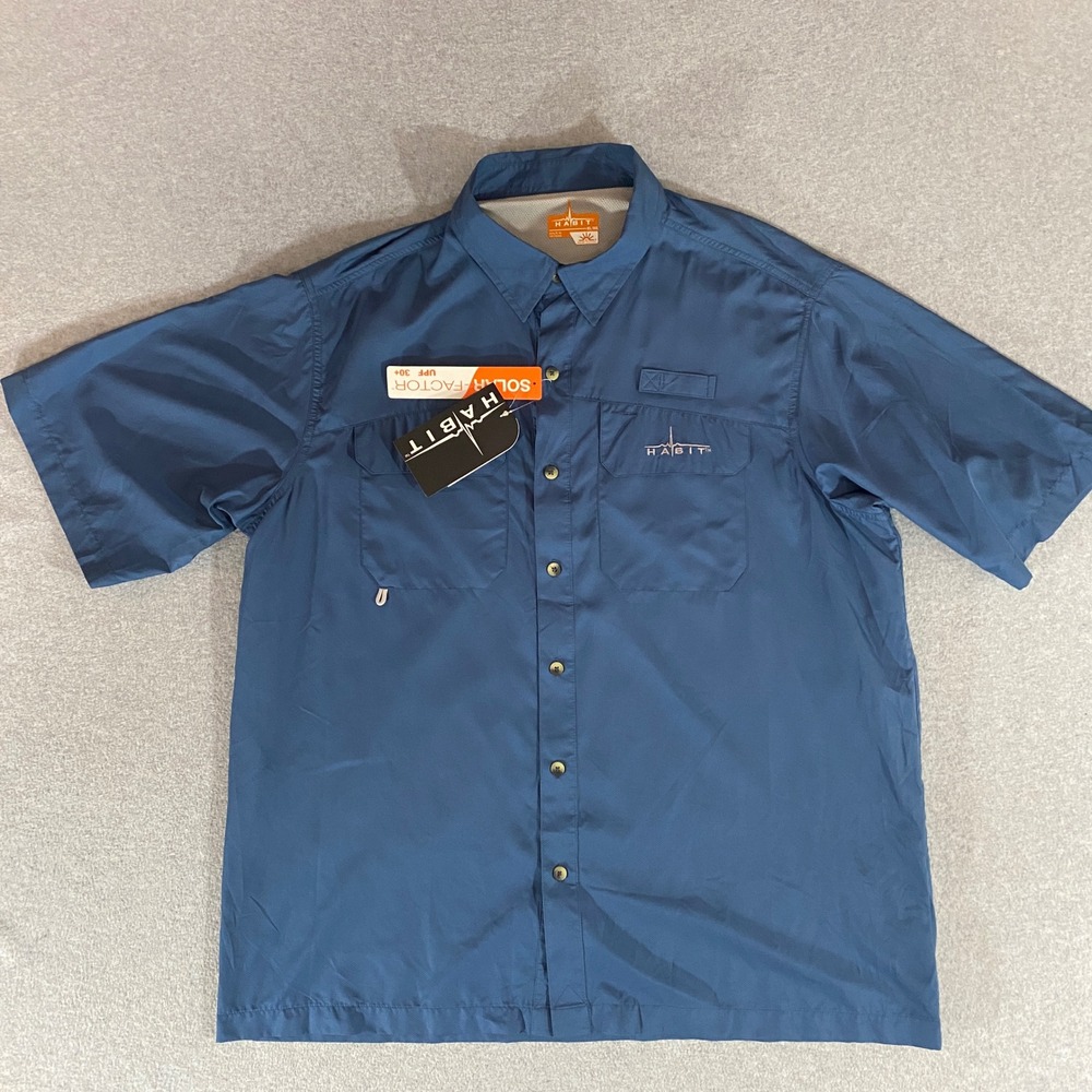 Habit Angler River Fishing Shirt Mens XL Blue UPF 30 Short Sleeve Vented Back